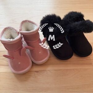 Hello Joker Girls Cozy Pink Bunny Boots  7T & Black Boots 6T Bundle